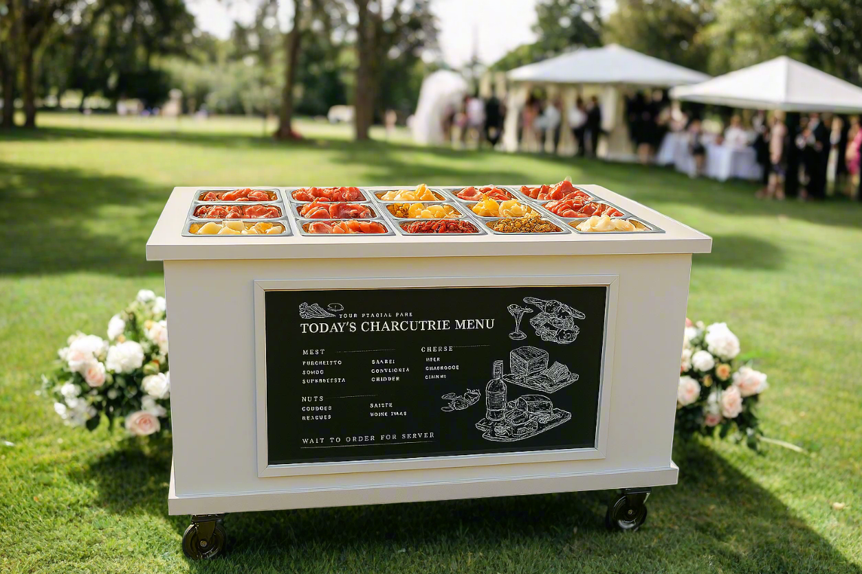 Mobile, folding Event Catering Cart - Cheese and Charcuterie cart with built in Monitor screen