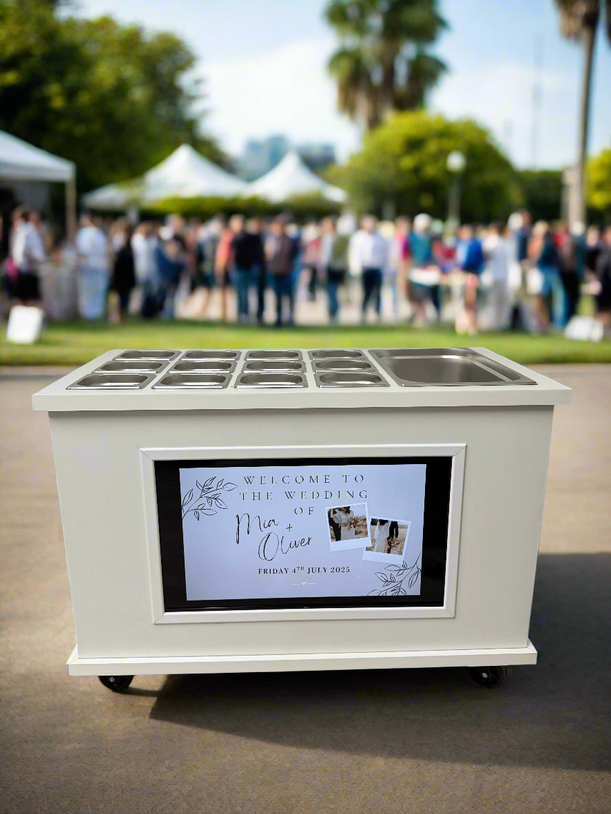 Mobile, folding Event Catering Cart - Cheese and Charcuterie cart with built in Monitor screen
