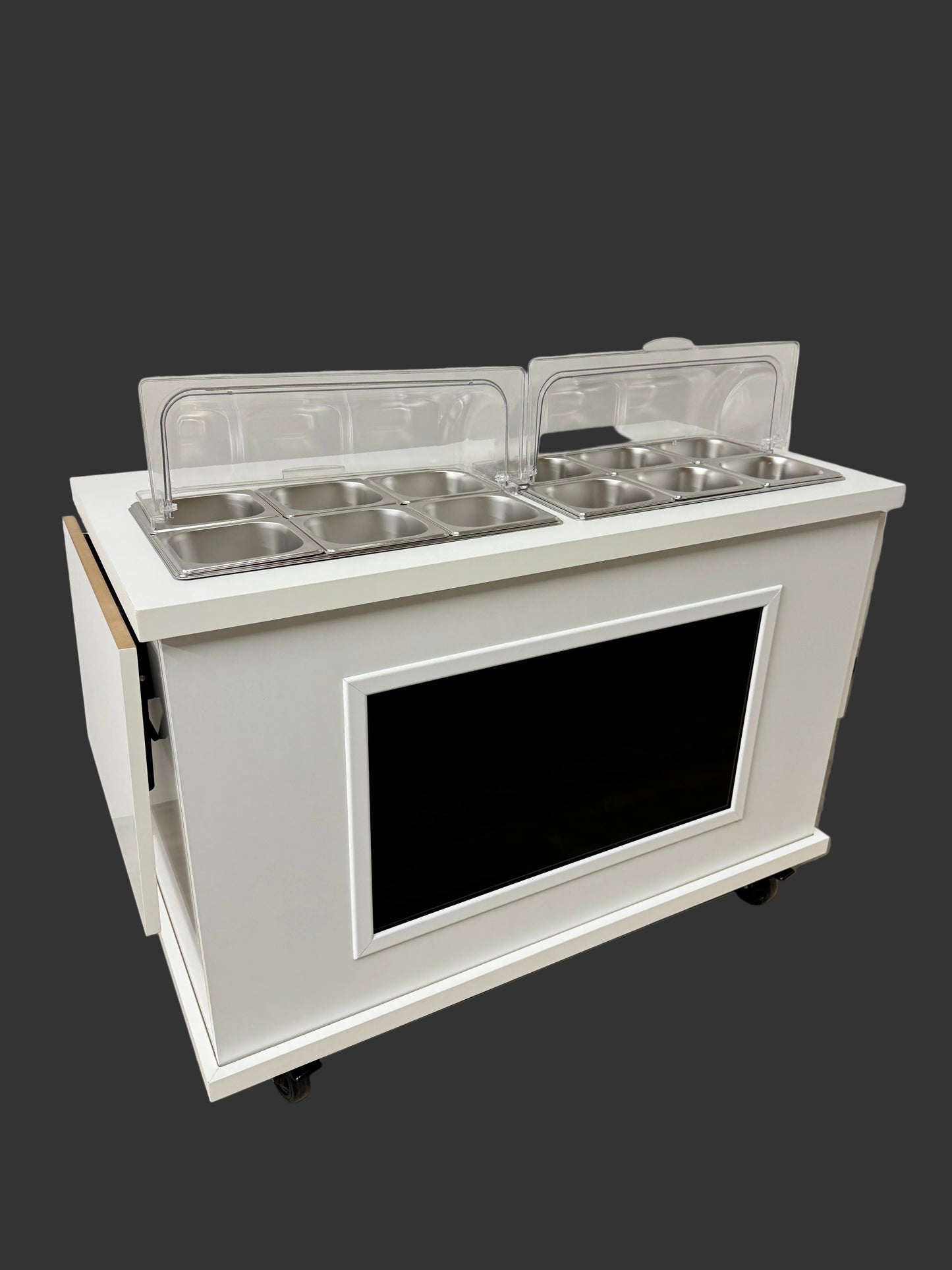 Premium cart - Fully loaded with TV screen, 2 x folding side shelves and hot / cold bain marie pans