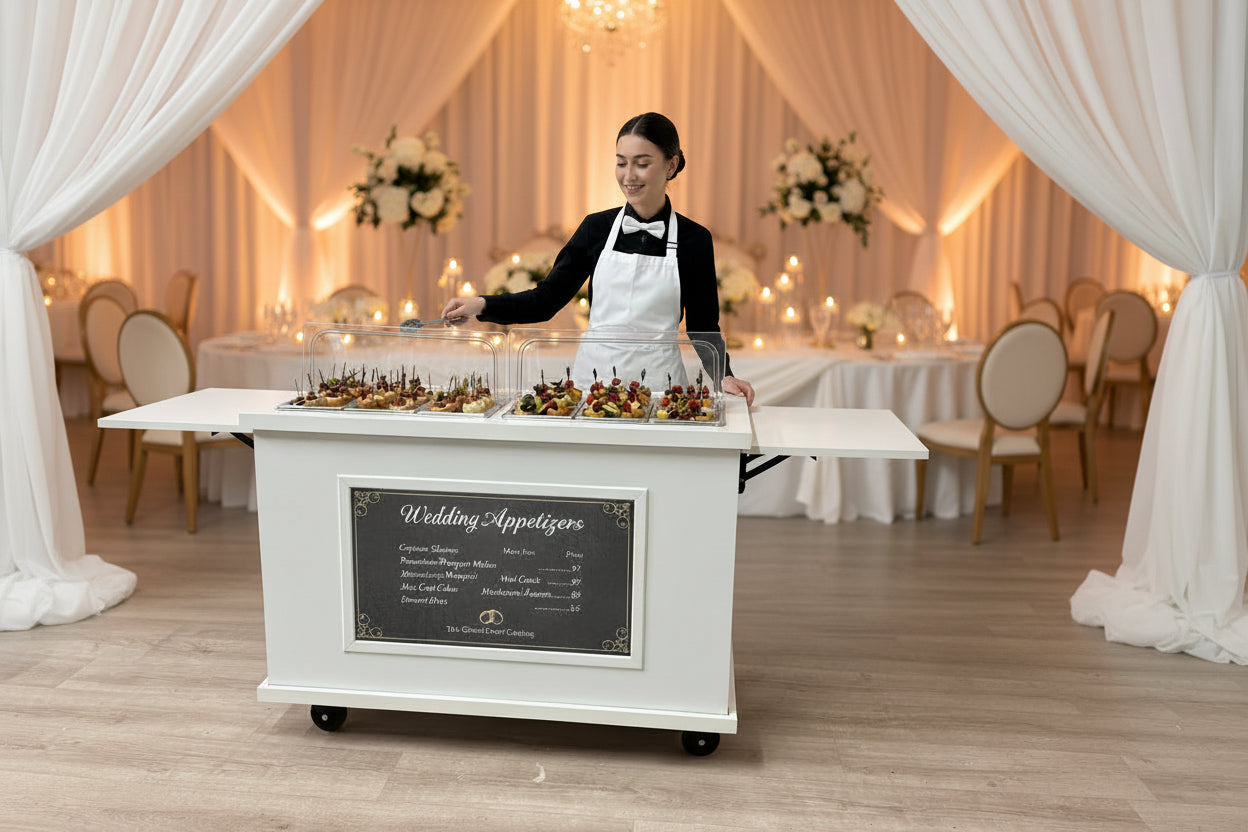 Premium cart - Fully loaded with TV screen, 2 x folding side shelves and hot / cold bain marie pans