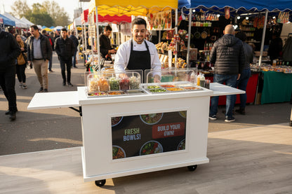 Premium cart - Fully loaded with TV screen, 2 x folding side shelves and hot / cold bain marie pans