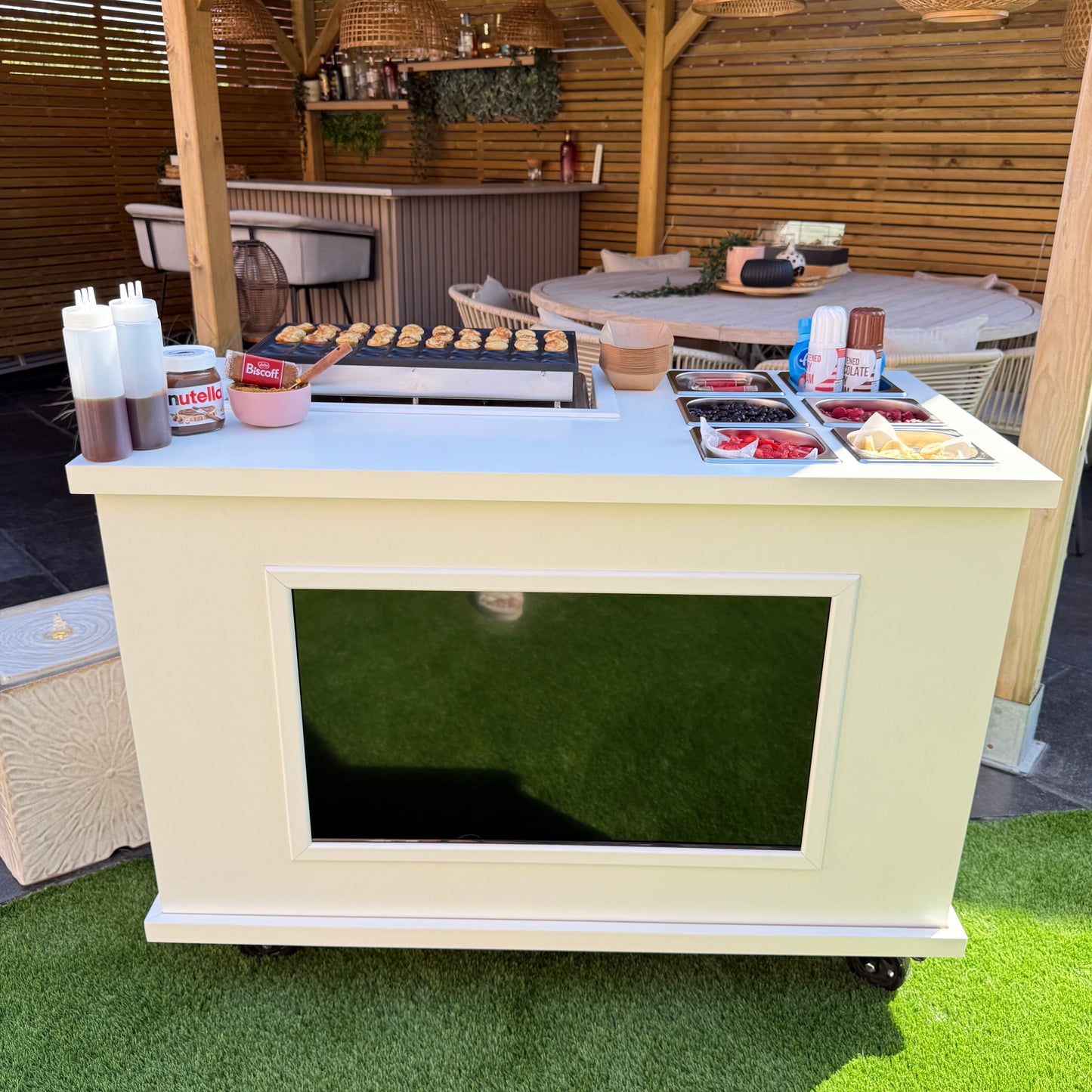 Mobile, folding Event Catering Cart - Mini pancake cart with built in Monitor screen, Dutch pancakes