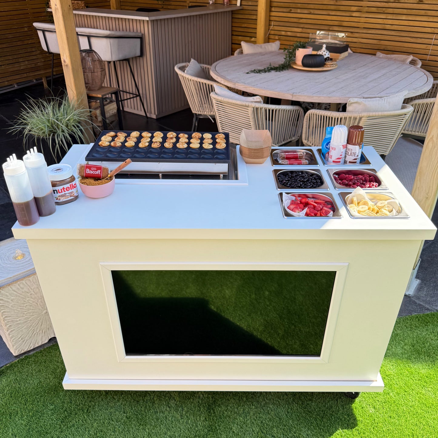 Mobile, folding Event Catering Cart - Mini pancake cart with built in Monitor screen, Dutch pancakes