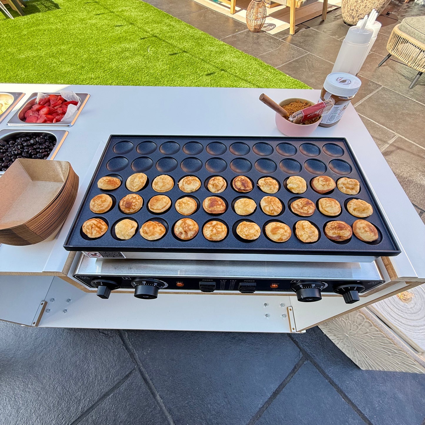 Mobile, folding Event Catering Cart - Mini pancake cart with built in Monitor screen, Dutch pancakes